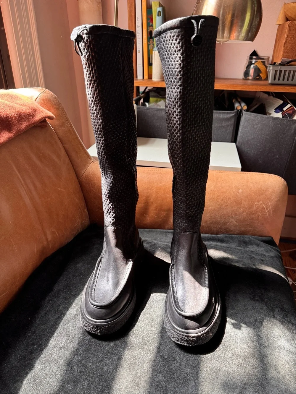 Rag & bone Black Leather Scout Boots over -the-Knee Scrunch adjustable Gum sole